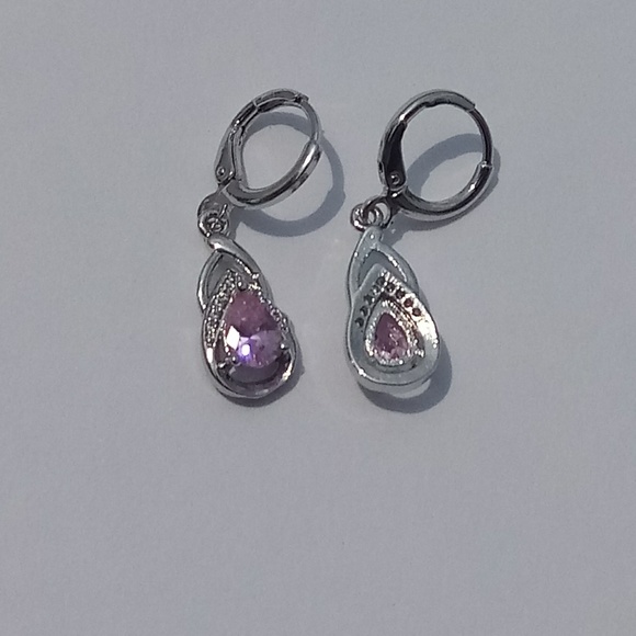 White Gold filled pink sapphire leverback earrings - Picture 2 of 4